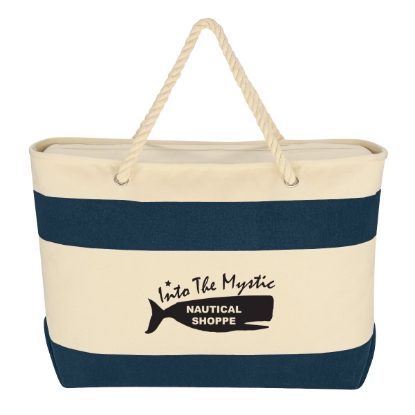 Custom Logo Large Cruising Tote Bag With Rope Handles - Silk Screen Natural With Navy