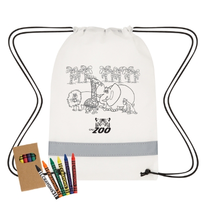 Custom Logo Lil' Bit Reflective Non-Woven Coloring Drawstring Bag w/ Crayons White