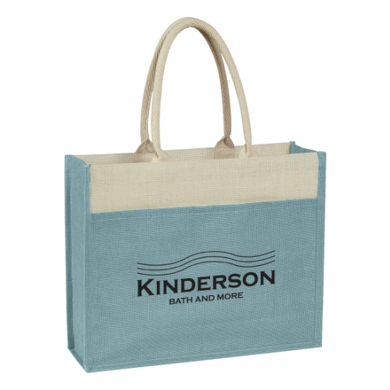 Custom Logo Jute Tote with Front Pocket Light Blue With Natural