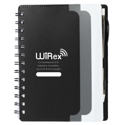 5'' x 7'' Recycled Dual Pocket Spiral Notebook w Pen - Black