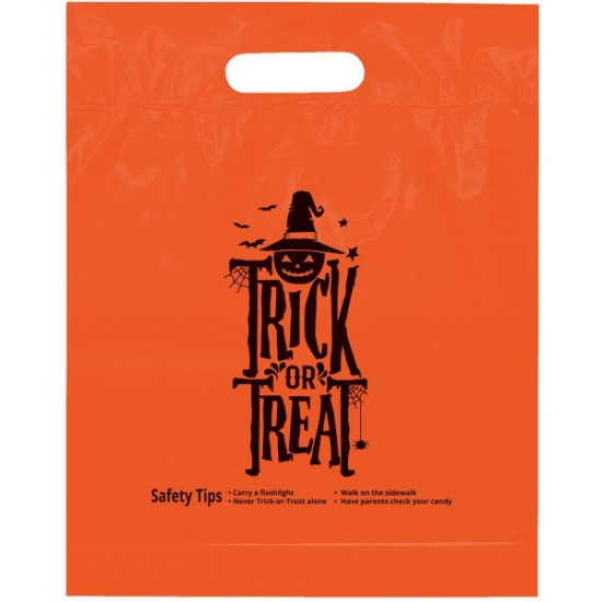 Promotional Orange Die Cut Handle - Trick or Treat - Flexo Ink Print with Logo FX20TRO1215