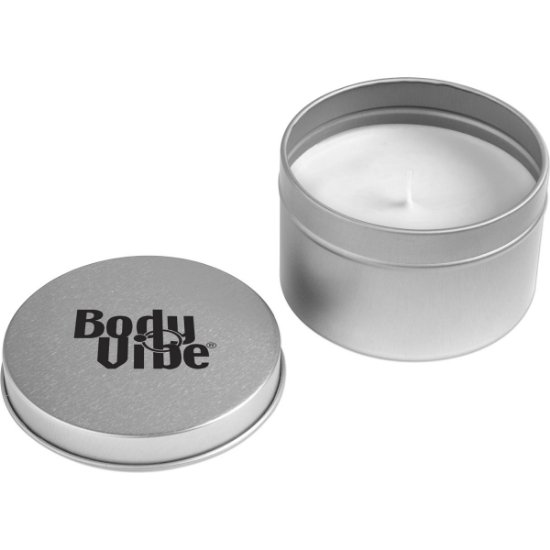 Custom 4 Oz. Silver Round Tin Candle with Logo S86010X