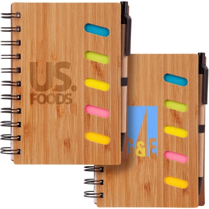 Custom 4.75 x 6 Bamboo Notebook with Pen & Sticky Notes with Logo JT125