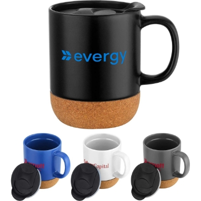 Custom 12oz. Cork Bottom Ceramic Mug with Plastic Lid with Logo S353-LD