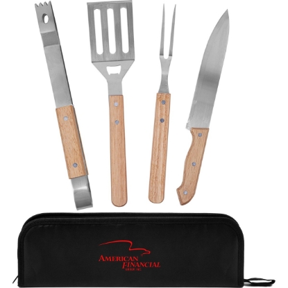 Custom 4-Piece Bamboo BBQ Grill Set with Polyester Carry Case with Logo T667