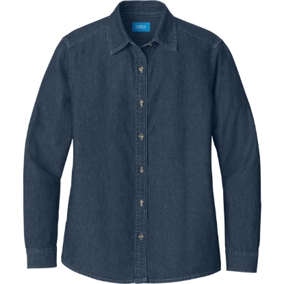 Custom Port & Co Womens Long Sleeve Value Denim Shirt. Ink Blue