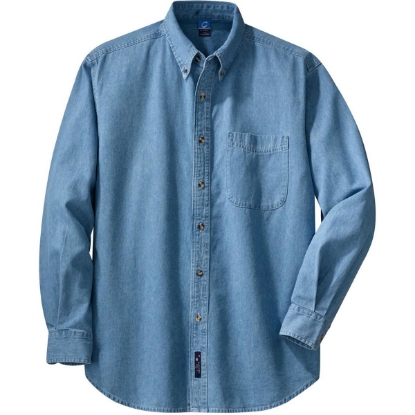 Custom Port & Co Long Sleeve Value Denim Shirt. Faded Blue
