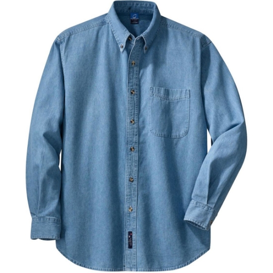 Custom Port & Co Long Sleeve Value Denim Shirt. Faded Blue