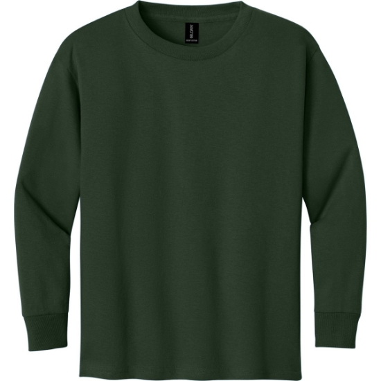 Custom Gildan Youth Heavy Cotton 100% Cotton Long Sleeve T-Shirt. Forest Green