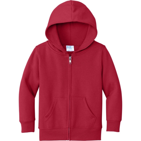 Custom Port & Co Toddler Core Fleece Full-Zip Hooded Sweatshirt. Red