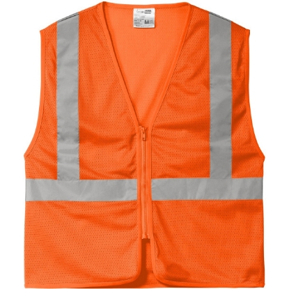 Custom CornerStone ANSI 107 Class 2 Economy Mesh Zippered Vest. Safety Orange/Silver