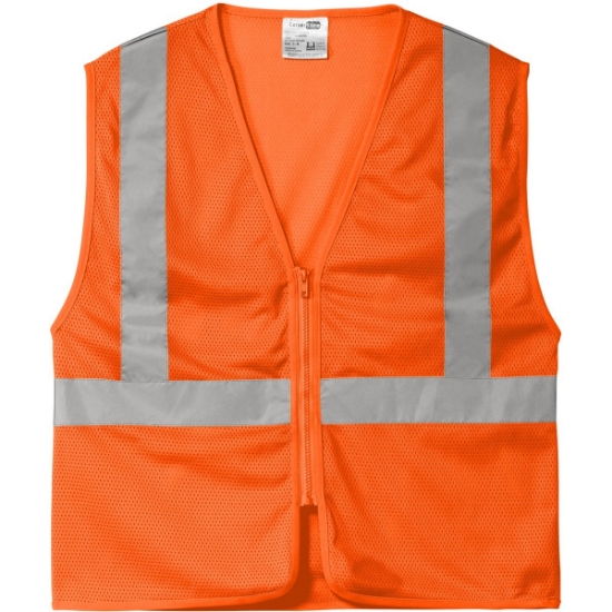 Custom CornerStone ANSI 107 Class 2 Economy Mesh Zippered Vest. Safety Orange/Silver