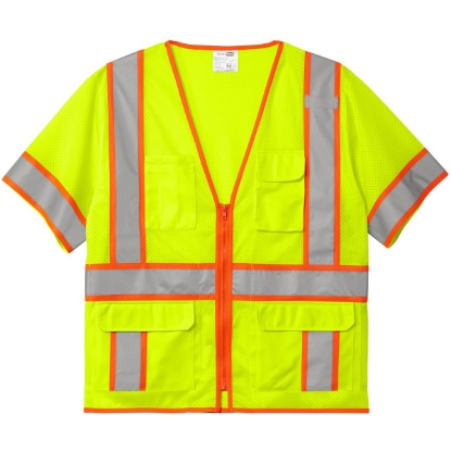 Custom CornerStone ANSI 107 Class 3 Surveyor Mesh Zippered Two-Tone Short Sleeve Vest. Safety Yellow/Silver/Orange