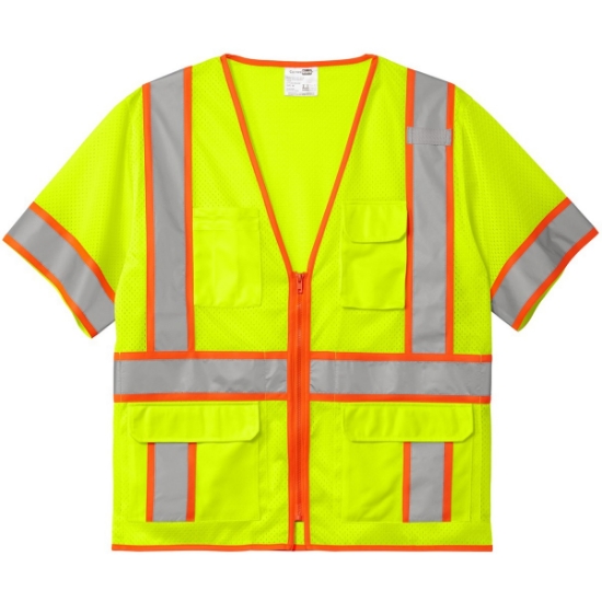 Custom CornerStone ANSI 107 Class 3 Surveyor Mesh Zippered Two-Tone Short Sleeve Vest. Safety Yellow/Silver/Orange