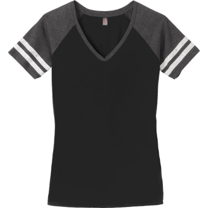 Custom District Womens Game V-Neck Tee. Black/Heathered Charcoal Gray
