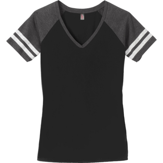 Custom District Womens Game V-Neck Tee. Black/Heathered Charcoal Gray