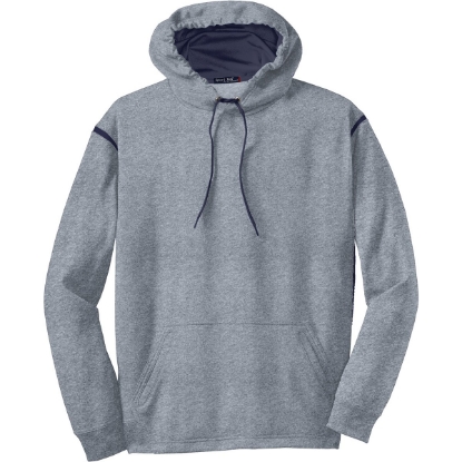 Custom Sport-Tek Tech Fleece Colorblock Hooded Sweatshirt. Gray Heather/True Navy Blue