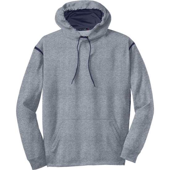 Custom Sport-Tek Tech Fleece Colorblock Hooded Sweatshirt. Gray Heather/True Navy Blue