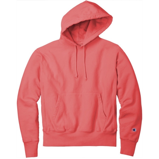 Custom Champion Reverse Weave Garment-Dyed Hooded Sweatshirt. Coral Craze Pink