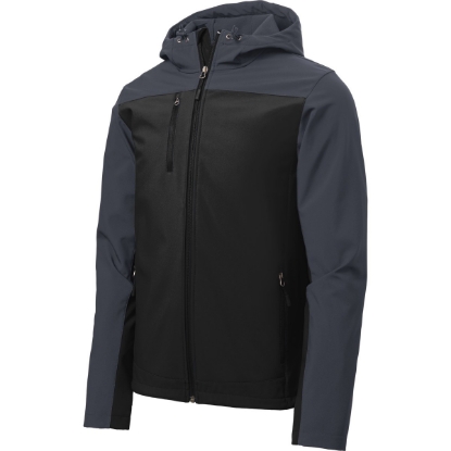 Custom Port Authority Hooded Core Soft Shell Jacket. Black/Battleship Gray