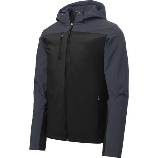 Custom Port Authority Hooded Core Soft Shell Jacket. Black/Battleship Gray