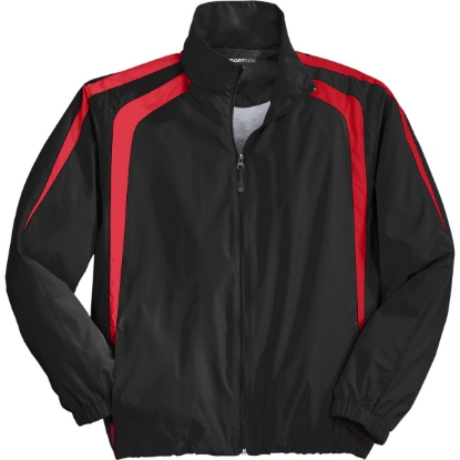 Custom Sport-Tek Colorblock Raglan Jacket. Black/True Red
