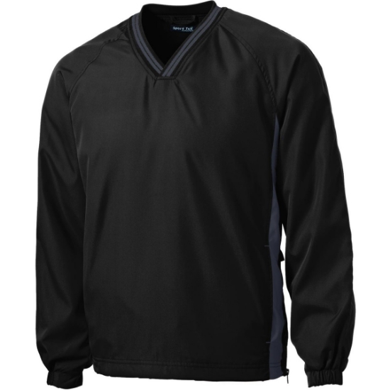 Custom Sport-Tek Tipped V-Neck Raglan Wind Shirt. Black/Graphite Gray