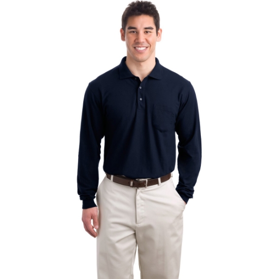 Custom Port Authority Long Sleeve Silk Touch Polo with Pocket. Navy Blue