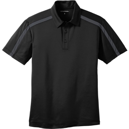 Custom Port Authority Silk Touch Performance Colorblock Stripe Polo. Black/Steel Gray