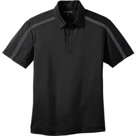 Custom Port Authority Silk Touch Performance Colorblock Stripe Polo. Black/Steel Gray