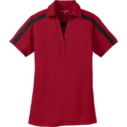 Custom Port Authority Womens Silk Touch Performance Colorblock Stripe Polo. Red/Black