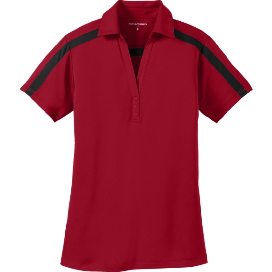 Custom Port Authority Womens Silk Touch Performance Colorblock Stripe Polo. Red/Black