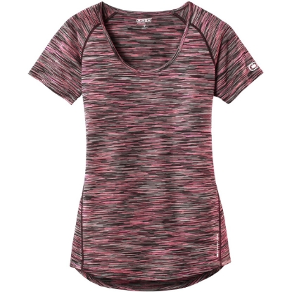 Custom OGIO Womens Verge Scoop Neck. Fierce Coral Red Space Dye