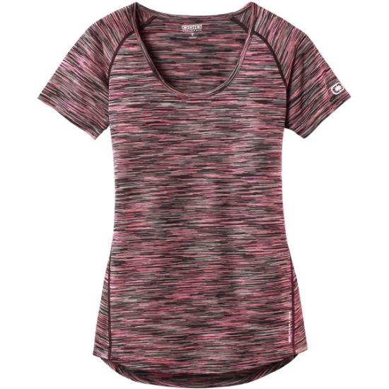 Custom OGIO Womens Verge Scoop Neck. Fierce Coral Red Space Dye