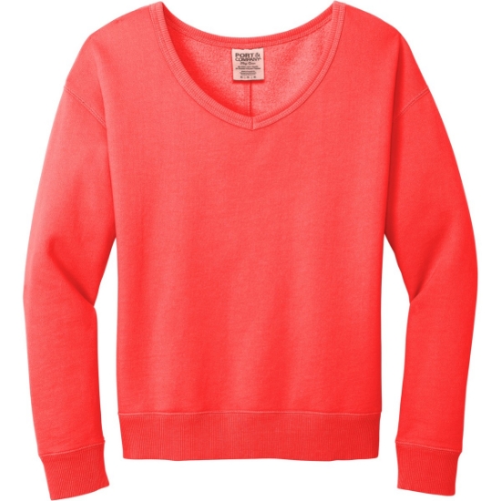 Custom Port & Co Womens Beach Wash Garment-Dyed V-Neck Sweatshirt Poppy Red