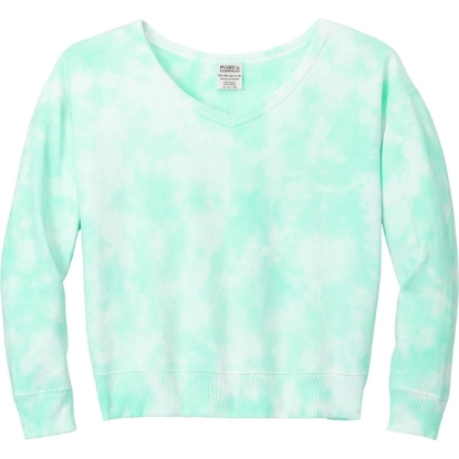 Custom Port & Co Womens Beach Wash Cloud Tie-Dye V-Neck Sweatshirt Cool Mint Green