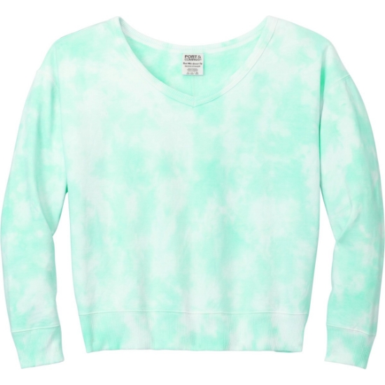 Custom Port & Co Womens Beach Wash Cloud Tie-Dye V-Neck Sweatshirt Cool Mint Green