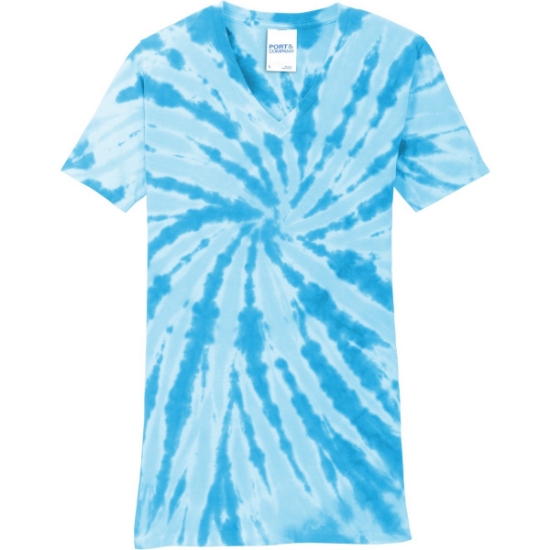 Custom Port & Co Womens Tie-Dye V-Neck Tee. Turquoise