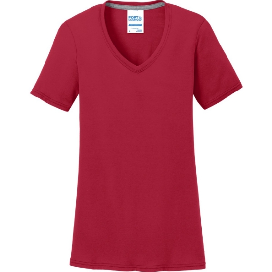 Custom Port & Co Womens Performance Blend V-Neck Tee. Red