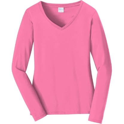 Custom Port & Co Womens Long Sleeve Fan Favorite V-Neck Tee. New Pink