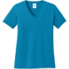 Custom Port & Co Womens Core Cotton V-Neck Tee. Neon Blue
