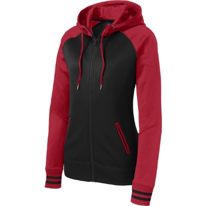 Custom Sport-Tek Womens Sport-Wick Varsity Fleece Full-Zip Hooded Jacket. Black/Deep Red