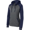 Custom Sport-Tek Womens Sport-Wick Varsity Fleece Full-Zip Hooded Jacket. Dark Smoke Gray/Navy Blue