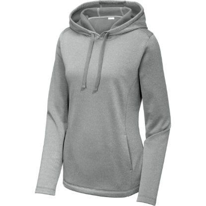 Custom Sport-Tek Womens PosiCharge Sport-Wick Heather Fleece Hooded Pullover. Dark Silver Heather