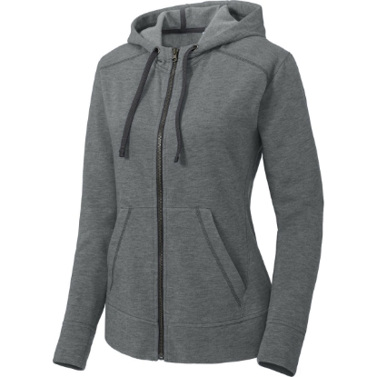 Custom Sport-Tek Womens PosiCharge Tri-Blend Wicking Fleece Full-Zip Hooded Jacket Dark Grey Hthr