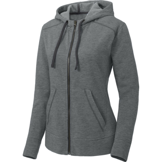 Custom Sport-Tek Womens PosiCharge Tri-Blend Wicking Fleece Full-Zip Hooded Jacket Dark Grey Hthr