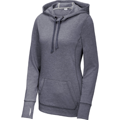 Custom Sport-Tek Womens PosiCharge Tri-Blend Wicking Fleece Hooded Pullover. True Navy Hthr