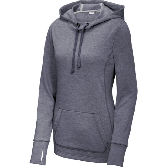 Custom Sport-Tek Womens PosiCharge Tri-Blend Wicking Fleece Hooded Pullover. True Navy Hthr