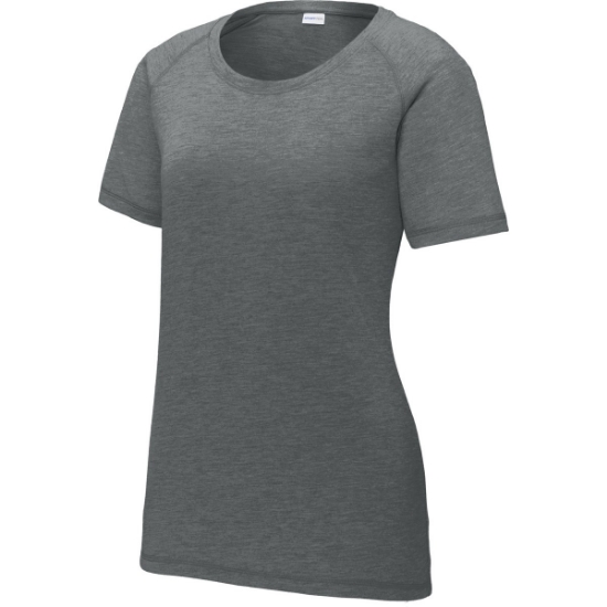 Custom Sport-Tek Womens PosiCharge Tri-Blend Wicking Scoop Neck Raglan Tee. Dark Grey Hthr