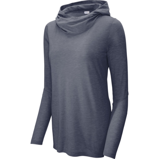 Custom Sport-Tek Womens PosiCharge Tri-Blend Wicking Long Sleeve Hoodie True Navy Blue Heather